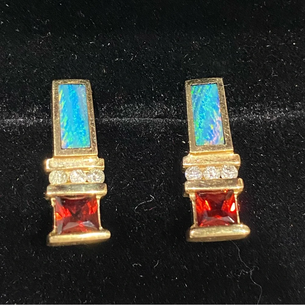 TURMALINE, INLAID OPAL & DIAMOND IN 14KT GOLD RING  & EARRINGS.  Could Be Kavana - Picture 6 of 11